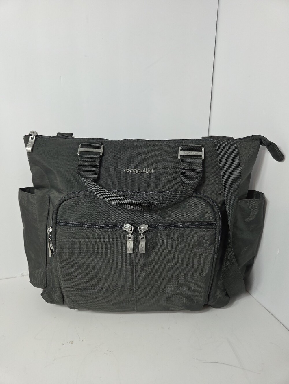 baggalini all set 3n1 tote back pack crossbody convertable bag grey rfid nwot